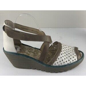 Fly London W EU 41 YUMO White Leather Brown Green Trim Wedge Sandals US 10-10.5